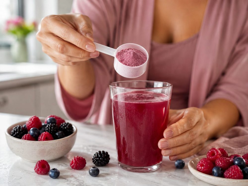 LumiSkin sendo preparado — scoop e copo com bebida de frutas vermelhas